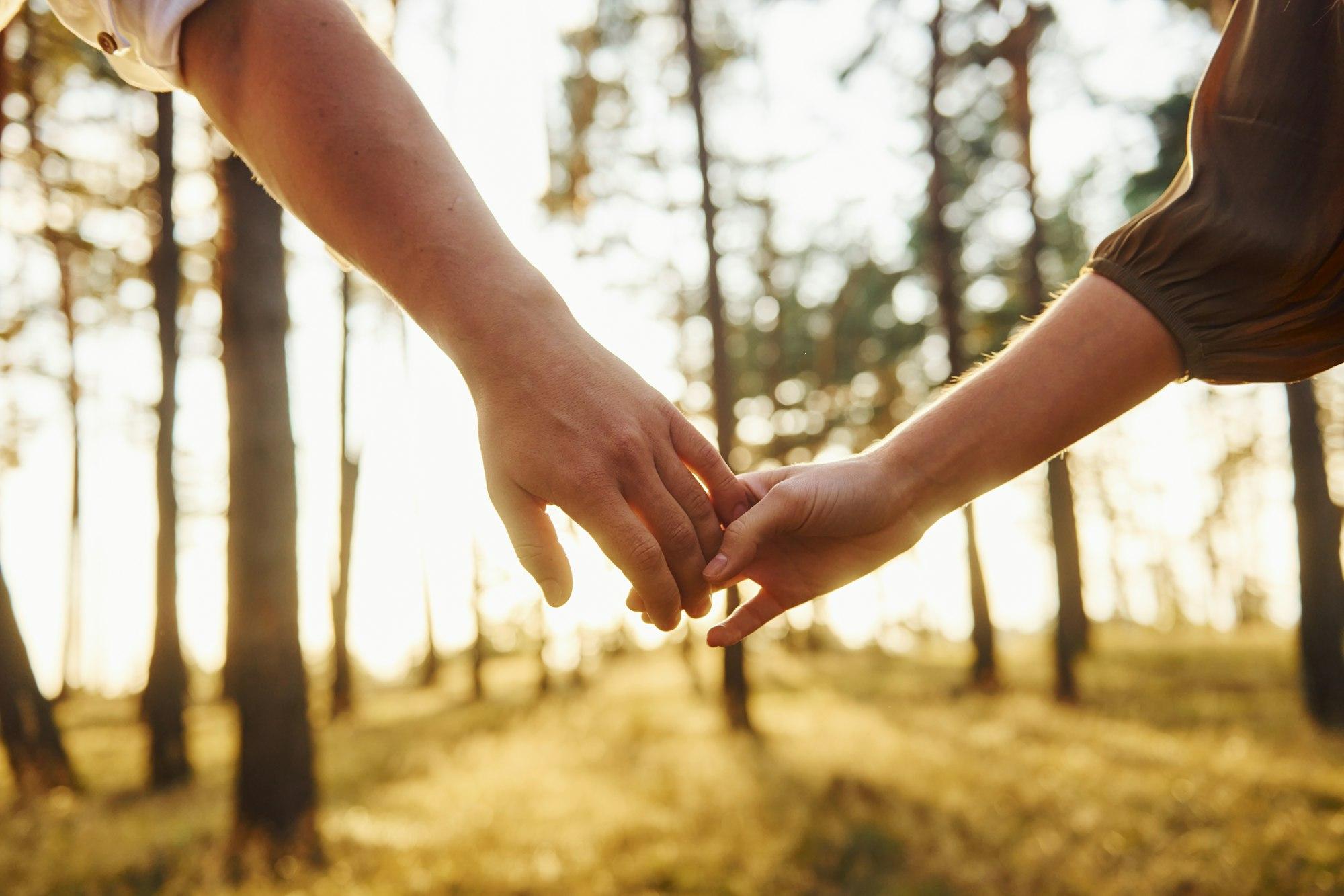 Gros plan sur les mains. Un couple heureux dans les bois pendant la journée.