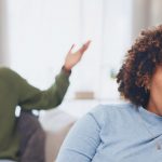 Sad, couple fighting and conflict in home for marriage problem, cheating or infidelity. Stress, div