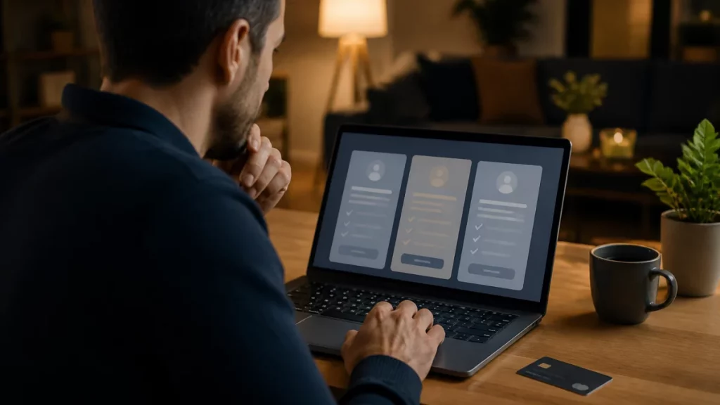 éviter arnaques abonnements rencontres en ligne — Une personne compare une offre d’abonnement sur un ordinateur portable avec une carte bancaire à côté.