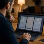 éviter arnaques abonnements rencontres en ligne — Une personne compare une offre d’abonnement sur un ordinateur portable avec une carte bancaire à côté.