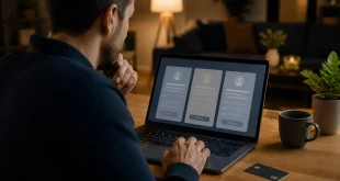 éviter arnaques abonnements rencontres en ligne — Une personne compare une offre d’abonnement sur un ordinateur portable avec une carte bancaire à côté.