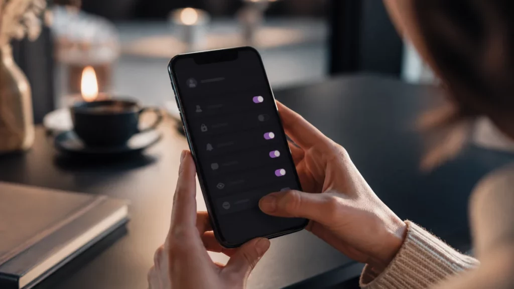 confidentialité site de rencontres privées — Smartphone sur un bureau affichant des réglages de confidentialité d’une application de rencontre