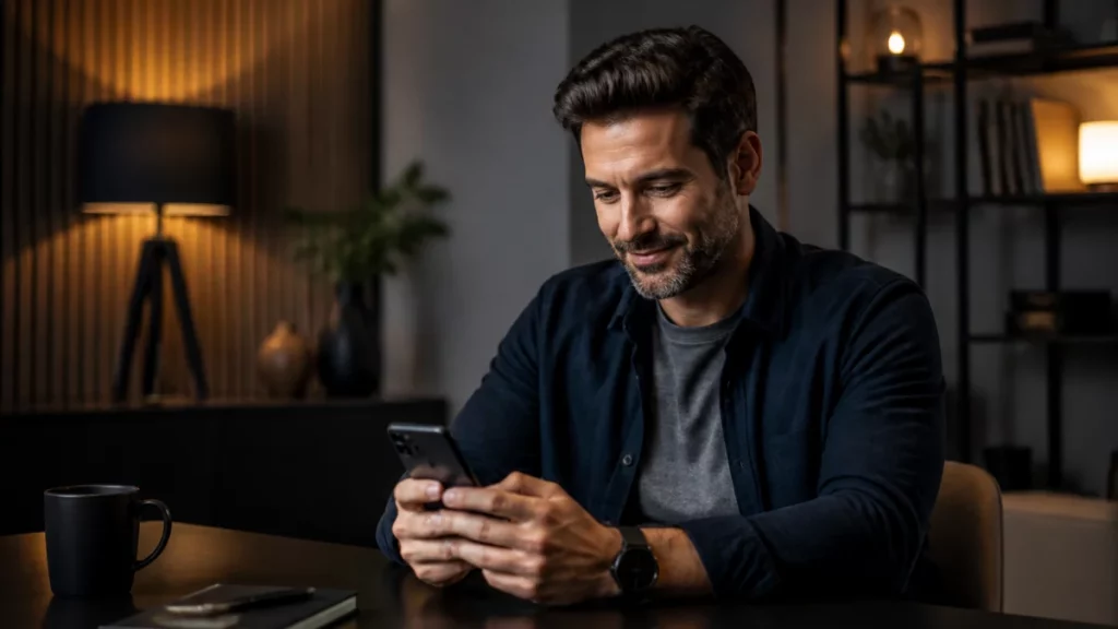 protéger son identité rencontres en ligne — Adulte consultant une messagerie discrète sur smartphone dans un environnement neutre
