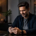 protéger son identité rencontres en ligne — Adulte consultant une messagerie discrète sur smartphone dans un environnement neutre