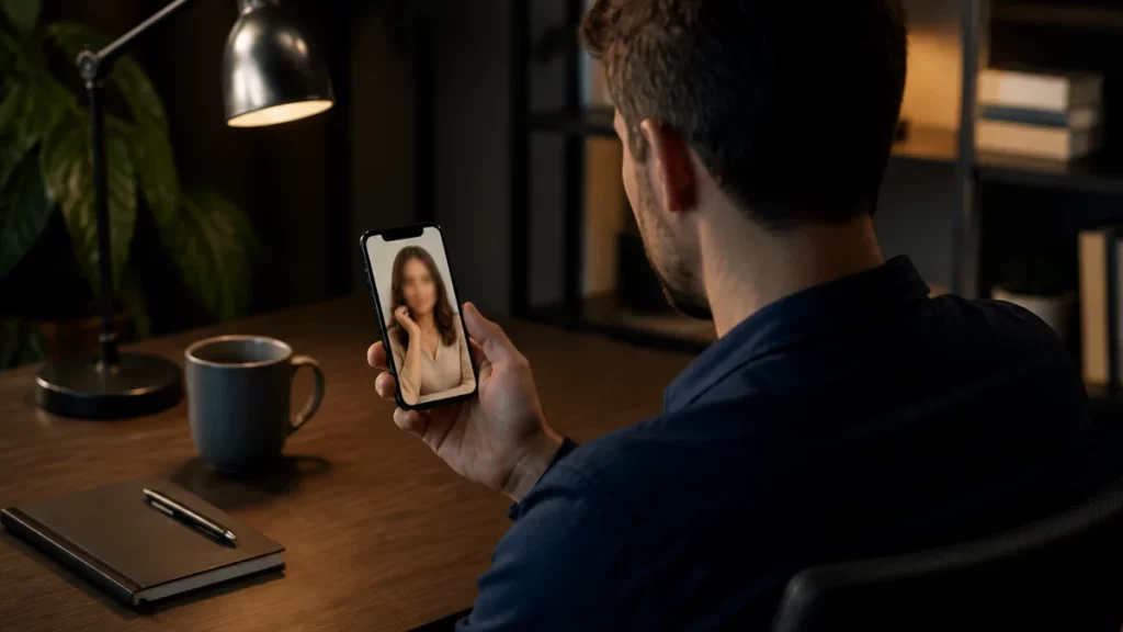 reconnaître faux profil rencontres en ligne — Personne vérifiant un profil de rencontre sur smartphone dans un environnement sobre.