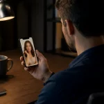 Reconnaître un faux profil dans les rencontres en ligne reconnaître faux profil rencontres en ligne — Personne vérifiant un profil de rencontre sur smartphone dans un environnement sobre.
