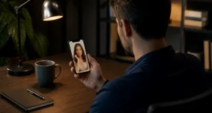 reconnaître faux profil rencontres en ligne — Personne vérifiant un profil de rencontre sur smartphone dans un environnement sobre.