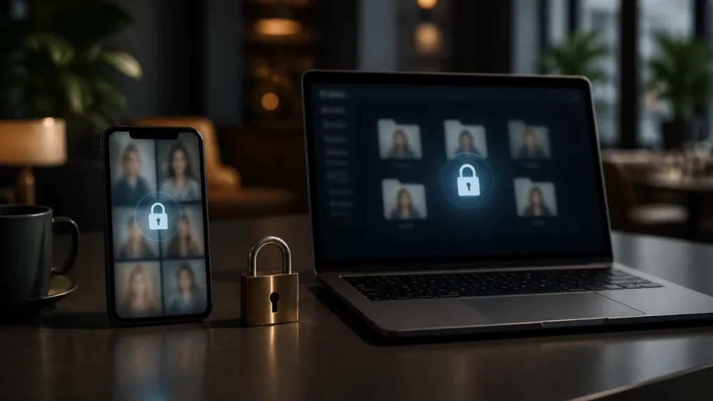 sécuriser ses photos rencontres en ligne — Smartphone et ordinateur affichant des dossiers photo floutés avec un cadenas symbolisant la confidentialité.