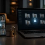 Sécuriser ses photos et protéger sa confidentialité en rencontres privées en ligne sécuriser ses photos rencontres en ligne — Smartphone et ordinateur affichant des dossiers photo floutés avec un cadenas symbolisant la confidentialité.