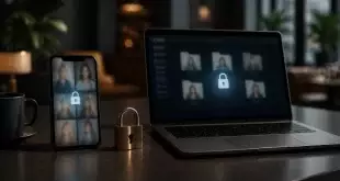 sécuriser ses photos rencontres en ligne — Smartphone et ordinateur affichant des dossiers photo floutés avec un cadenas symbolisant la confidentialité.